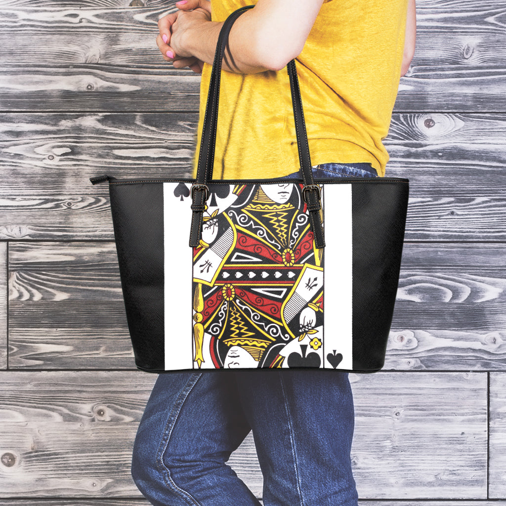 Queen Of Spades Playing Card Print Leather Tote Bag
