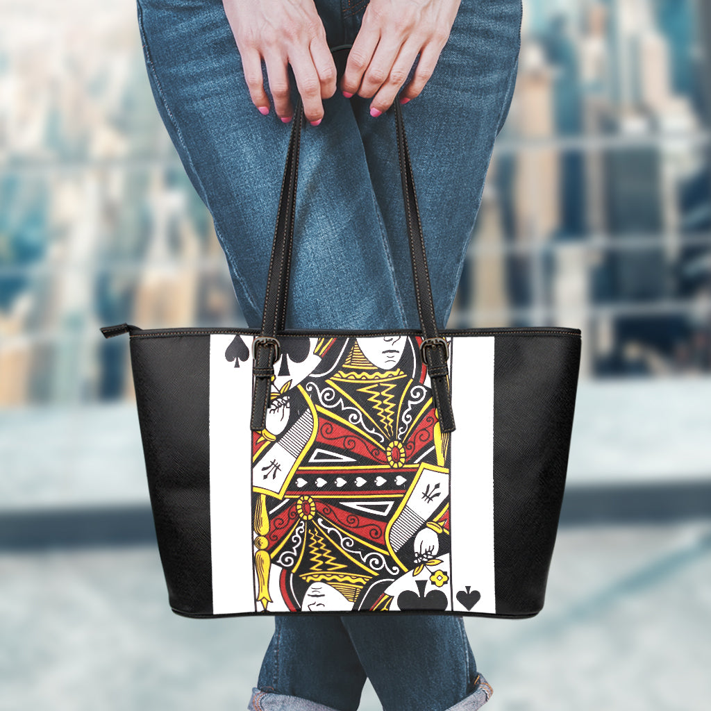 Queen Of Spades Playing Card Print Leather Tote Bag