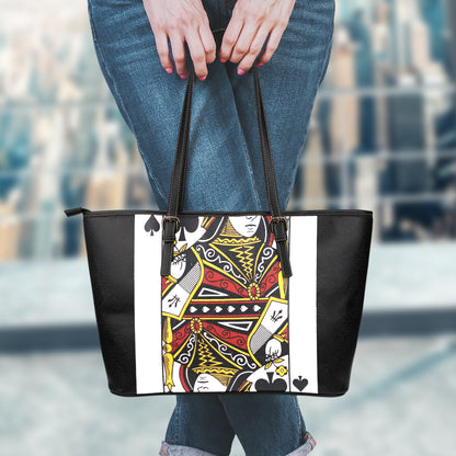 Queen Of Spades Playing Card Print Leather Tote Bag