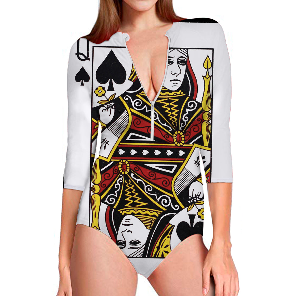 Queen Of Spades Playing Card Print Long Sleeve Swimsuit