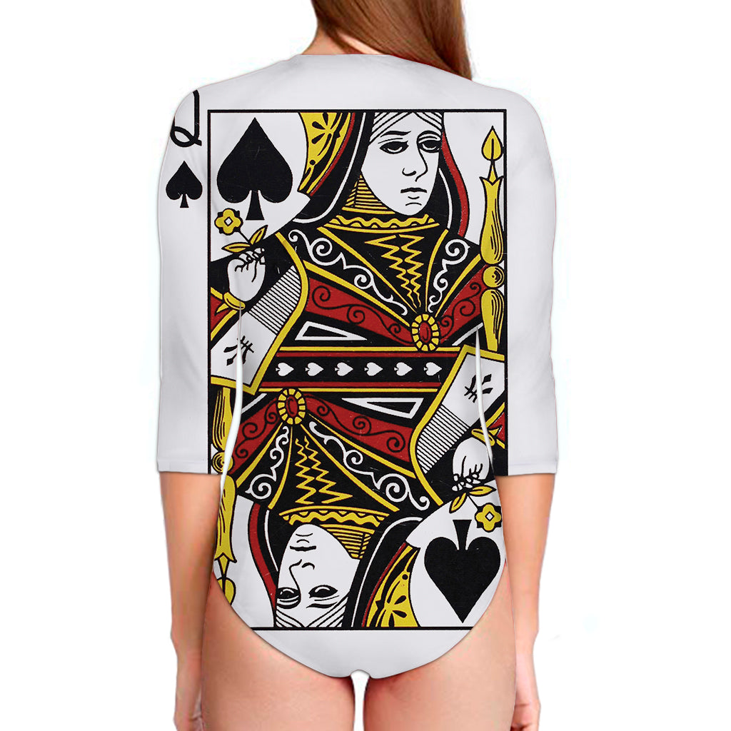 Queen Of Spades Playing Card Print Long Sleeve Swimsuit