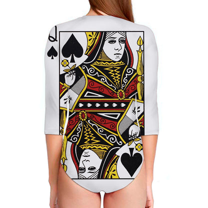 Queen Of Spades Playing Card Print Long Sleeve Swimsuit