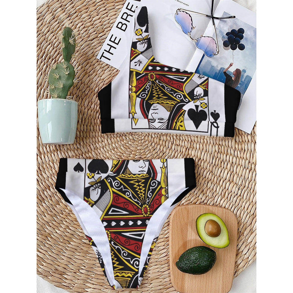 Queen Of Spades Playing Card Print One Shoulder Bikini Top