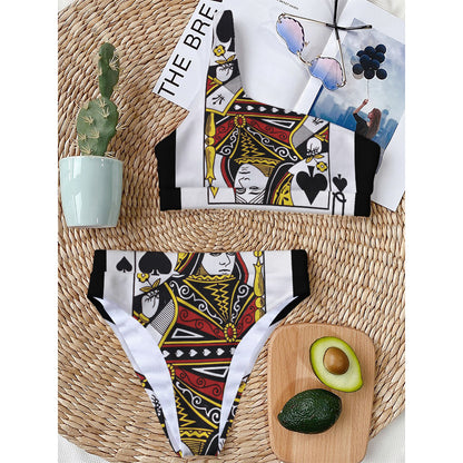 Queen Of Spades Playing Card Print One Shoulder Bikini Top