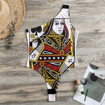 Queen Of Spades Playing Card Print One Shoulder Bodysuit