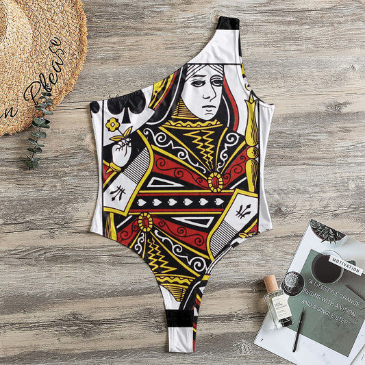 Queen Of Spades Playing Card Print One Shoulder Bodysuit