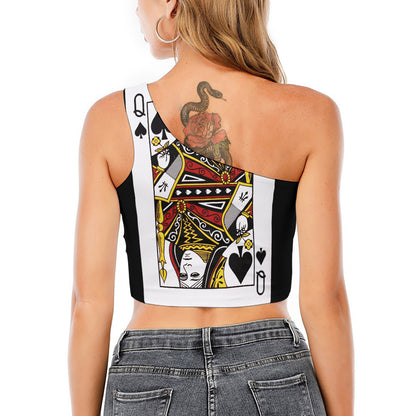 Queen Of Spades Playing Card Print One Shoulder Crop Top