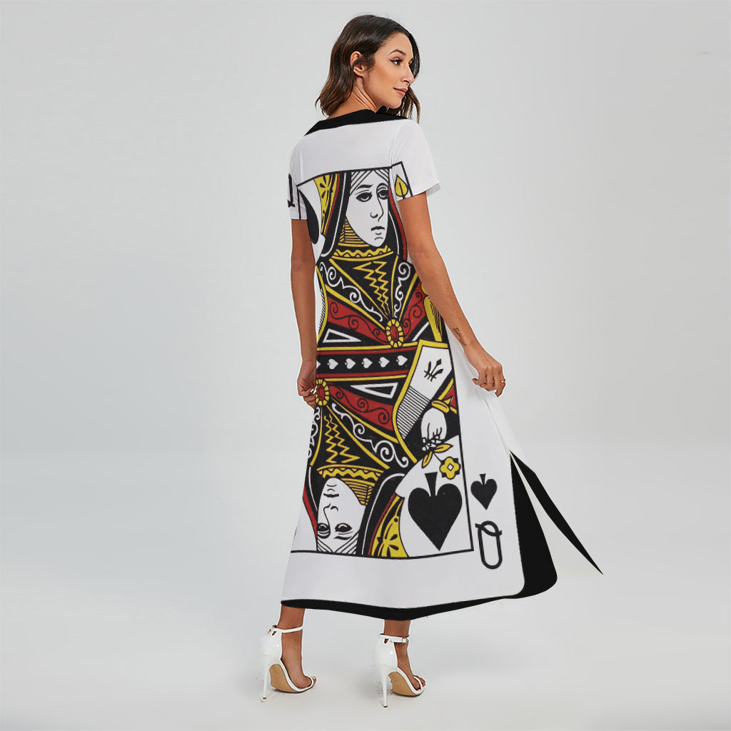 Queen Of Spades Playing Card Print Short Sleeve Maxi Dress