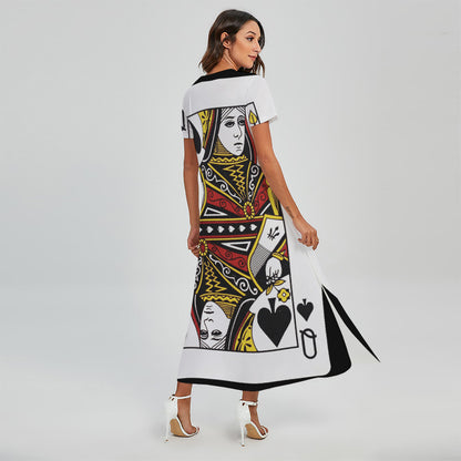 Queen Of Spades Playing Card Print Short Sleeve Maxi Dress