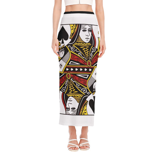 Queen Of Spades Playing Card Print Side Slit Maxi Skirt