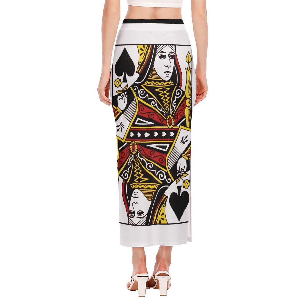 Queen Of Spades Playing Card Print Side Slit Maxi Skirt