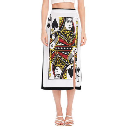 Queen Of Spades Playing Card Print Side Slit Midi Skirt