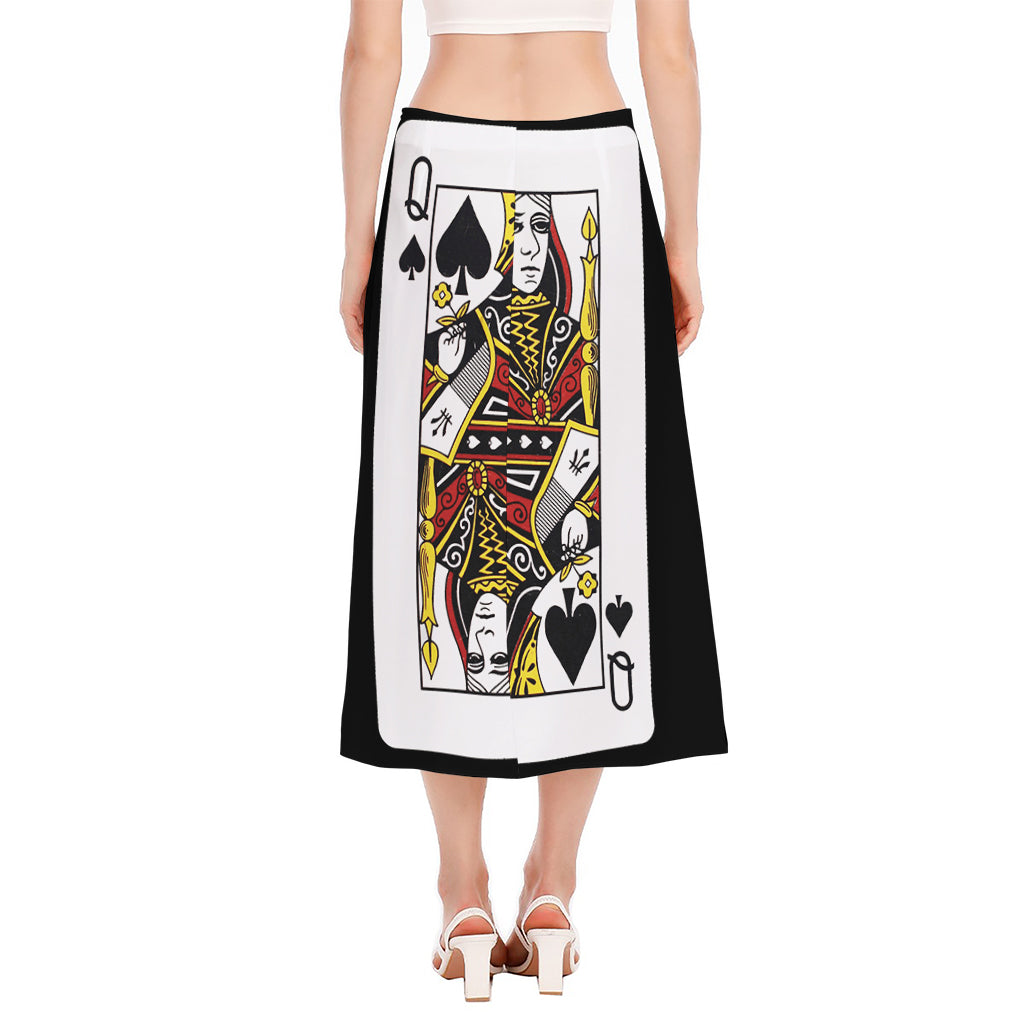 Queen Of Spades Playing Card Print Side Slit Midi Skirt