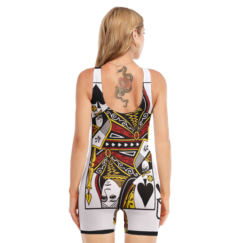 Queen Of Spades Playing Card Print Sleeveless One Piece Swimsuit