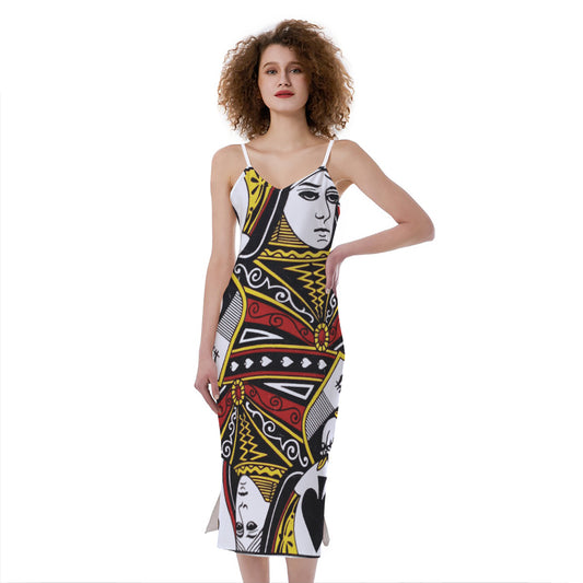 Queen Of Spades Playing Card Print Slim Fit Midi Cami Dress