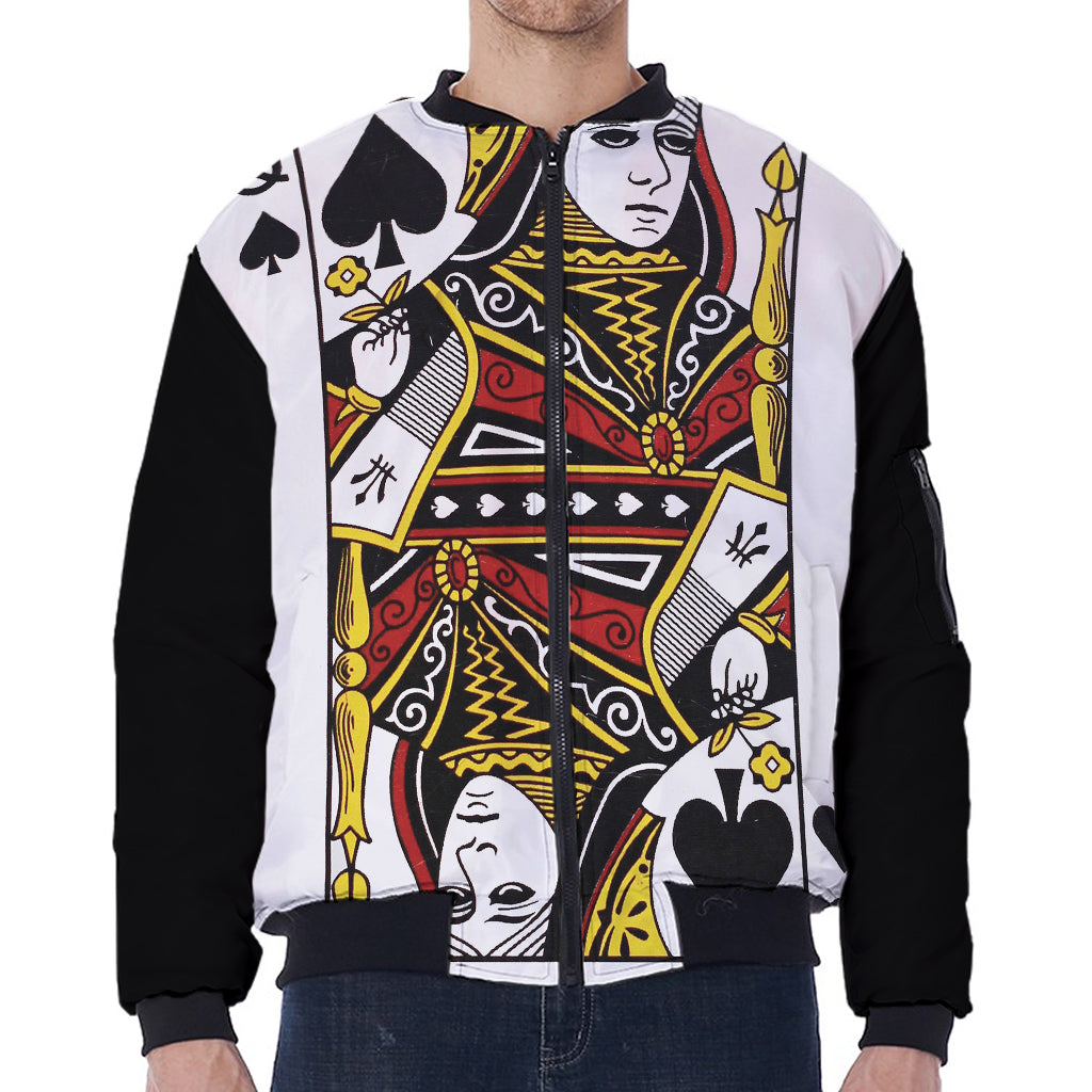 Queen Of Spades Playing Card Print Zip Sleeve Bomber Jacket