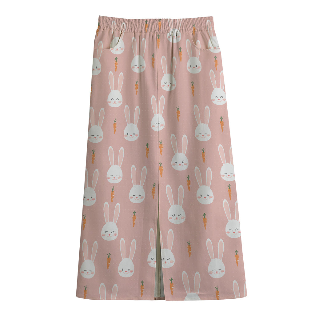 Rabbit And Carrot Pattern Print Cotton Front Slit Maxi Skirt