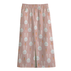 Rabbit And Carrot Pattern Print Cotton Front Slit Maxi Skirt