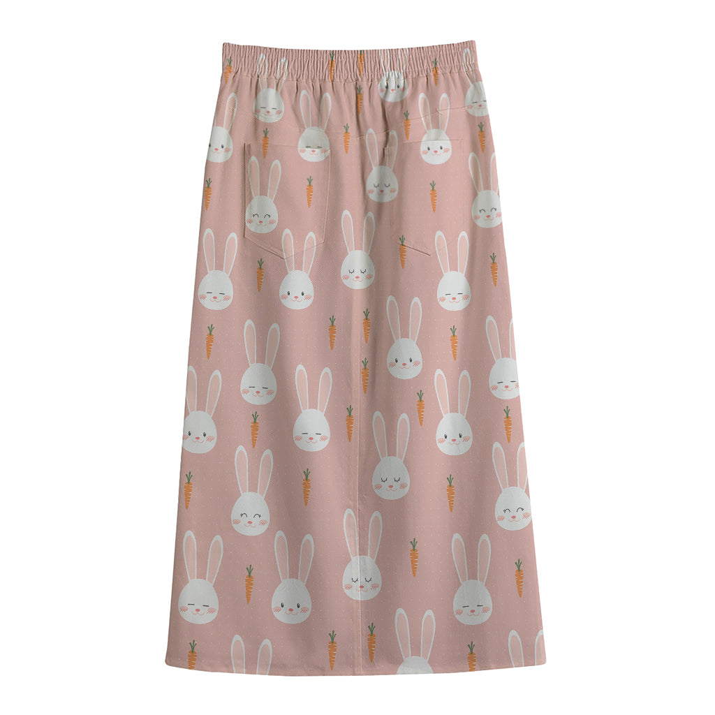 Rabbit And Carrot Pattern Print Cotton Front Slit Maxi Skirt