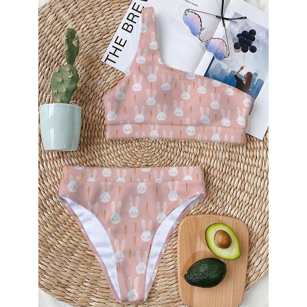 Rabbit And Carrot Pattern Print One Shoulder Bikini Top