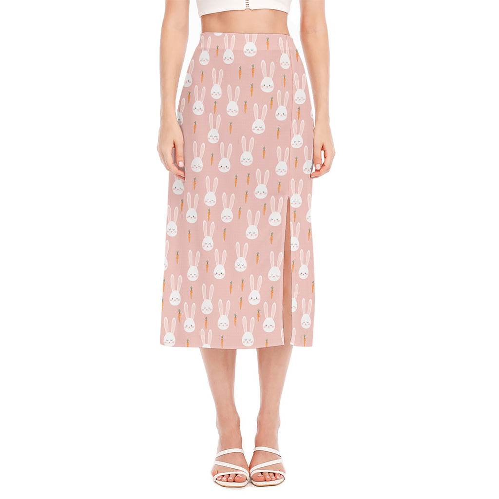 Rabbit And Carrot Pattern Print Side Slit Midi Skirt