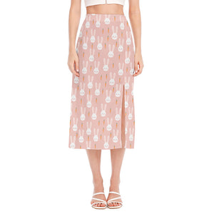 Rabbit And Carrot Pattern Print Side Slit Midi Skirt