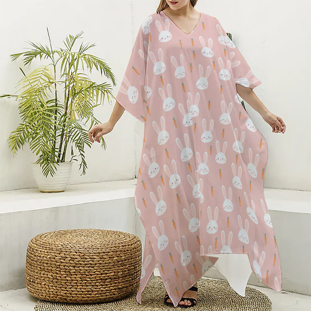 Rabbit And Carrot Pattern Print Silk V-Neck Kaftan Dress