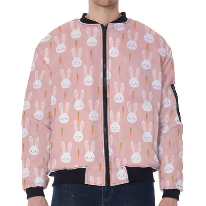 Rabbit And Carrot Pattern Print Zip Sleeve Bomber Jacket