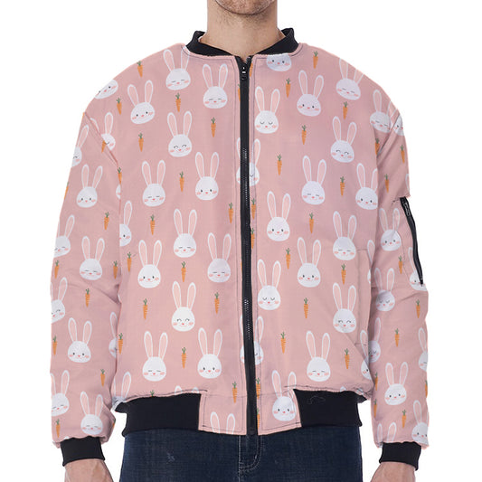 Rabbit And Carrot Pattern Print Zip Sleeve Bomber Jacket