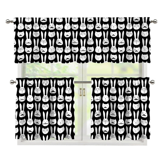 Rabbit And Cat Pattern Print 3 Piece Kitchen Curtains