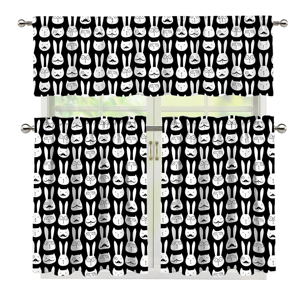 Rabbit And Cat Pattern Print 3 Piece Kitchen Curtains