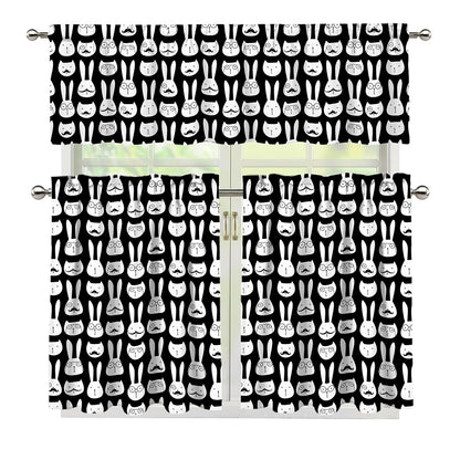 Rabbit And Cat Pattern Print 3 Piece Kitchen Curtains