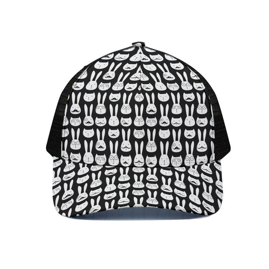 Rabbit And Cat Pattern Print Black Mesh Trucker Cap