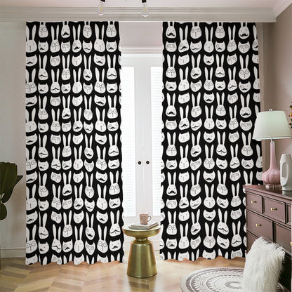 Rabbit And Cat Pattern Print Blackout Pencil Pleat Curtains