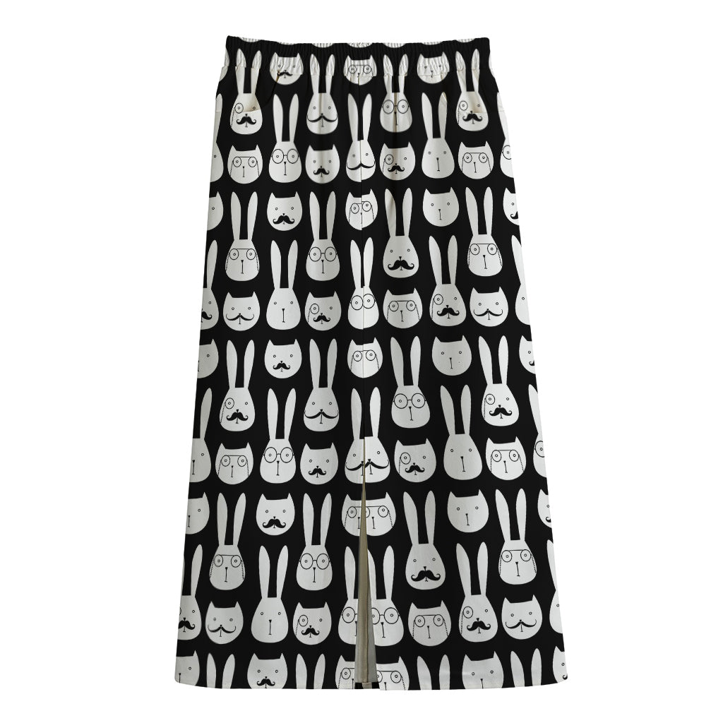 Rabbit And Cat Pattern Print Cotton Front Slit Maxi Skirt