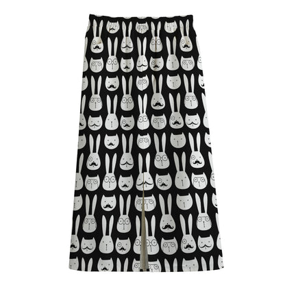 Rabbit And Cat Pattern Print Cotton Front Slit Maxi Skirt