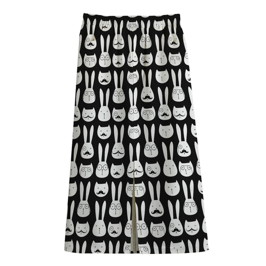 Rabbit And Cat Pattern Print Cotton Front Slit Maxi Skirt