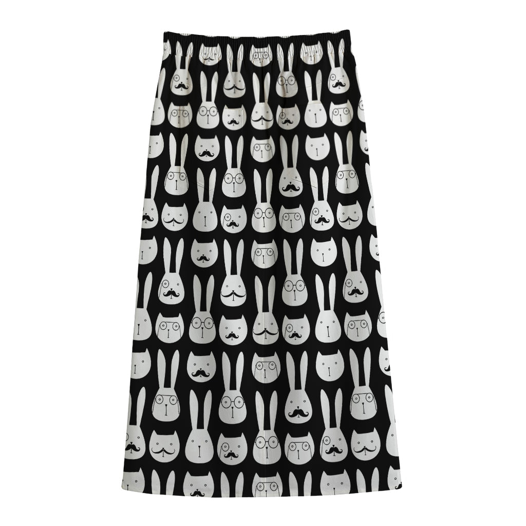 Rabbit And Cat Pattern Print Cotton Front Slit Maxi Skirt