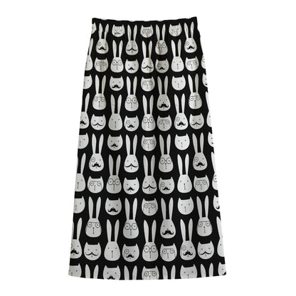 Rabbit And Cat Pattern Print Cotton Front Slit Maxi Skirt