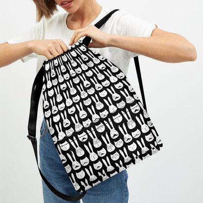 Rabbit And Cat Pattern Print Drawstring Backpack
