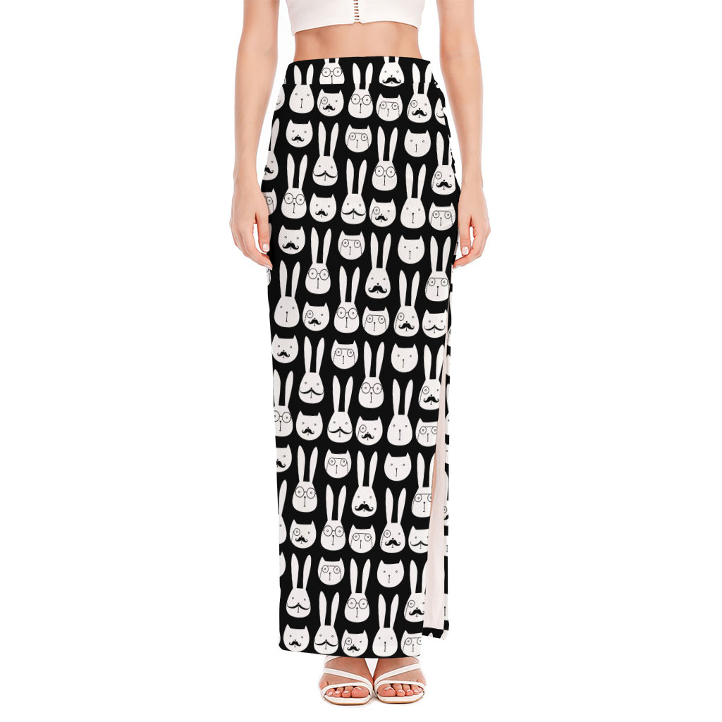 Rabbit And Cat Pattern Print High Slit Maxi Skirt