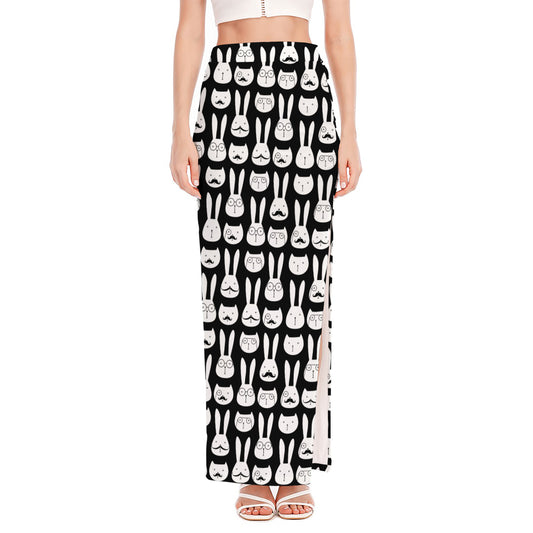 Rabbit And Cat Pattern Print High Slit Maxi Skirt