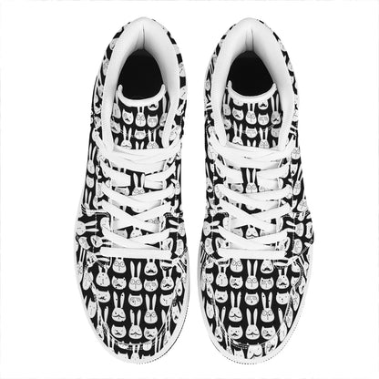 Rabbit And Cat Pattern Print High Top Leather Sneakers