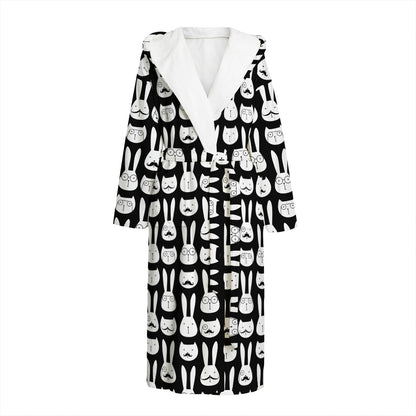 Rabbit And Cat Pattern Print Hooded Bathrobe