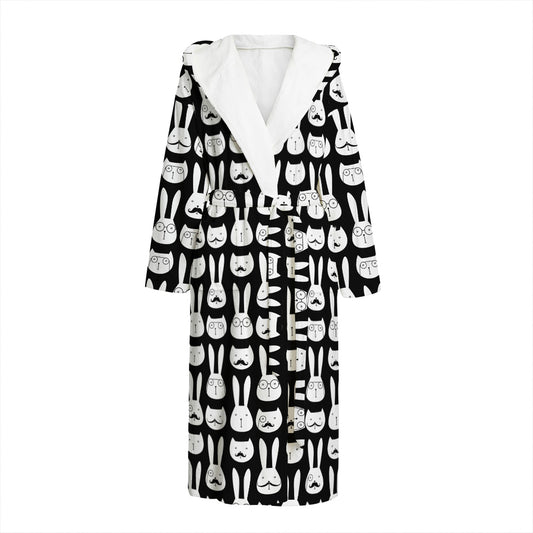 Rabbit And Cat Pattern Print Hooded Bathrobe