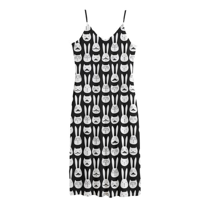 Rabbit And Cat Pattern Print Jersey Midi Cami Dress