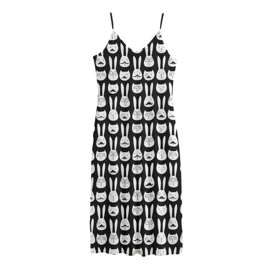 Rabbit And Cat Pattern Print Jersey Midi Cami Dress