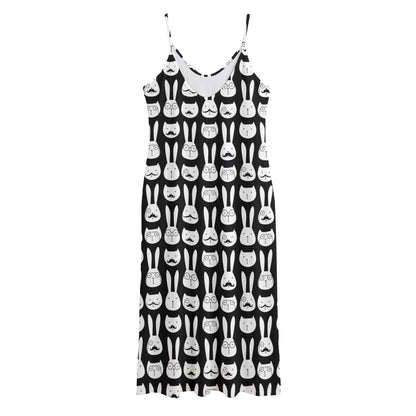 Rabbit And Cat Pattern Print Jersey Midi Cami Dress