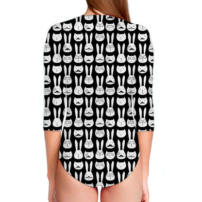 Rabbit And Cat Pattern Print Long Sleeve Swimsuit