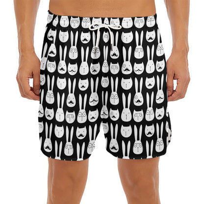 Rabbit And Cat Pattern Print Men's Split Running Shorts